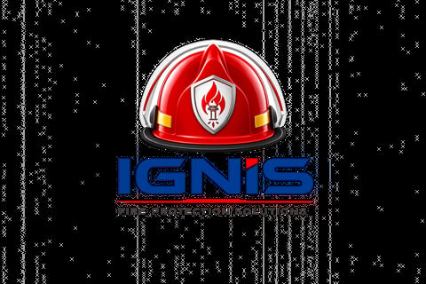 Ignis game logo featuring a red and white helmet with a flame emblem and blue text on a pixelated black background